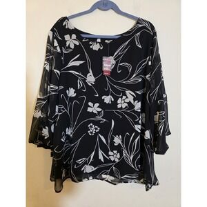 Avenue Women's Size 22/24 Black/White Floral Lined Flowy Tunic Top Boho Cottage